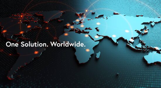 Dark world map with white text "One Solution. Worldwide." There are highlighted connections between many places in the world, everything is globally connected