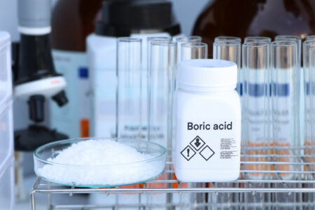 Boric acid in the laboratory. Boric acid occurs as colorless crystals or as a white powder