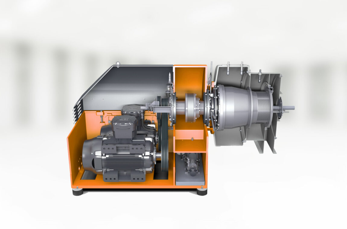 Hybrid centrifuges: 3D image of a CONTHICK screen decanter. The machine is open lengthwise, you can see the drive unit and drum