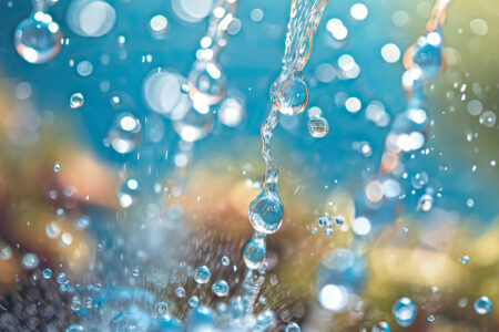 Water filtration, water droplets and air bubbles splash through a slotted filter